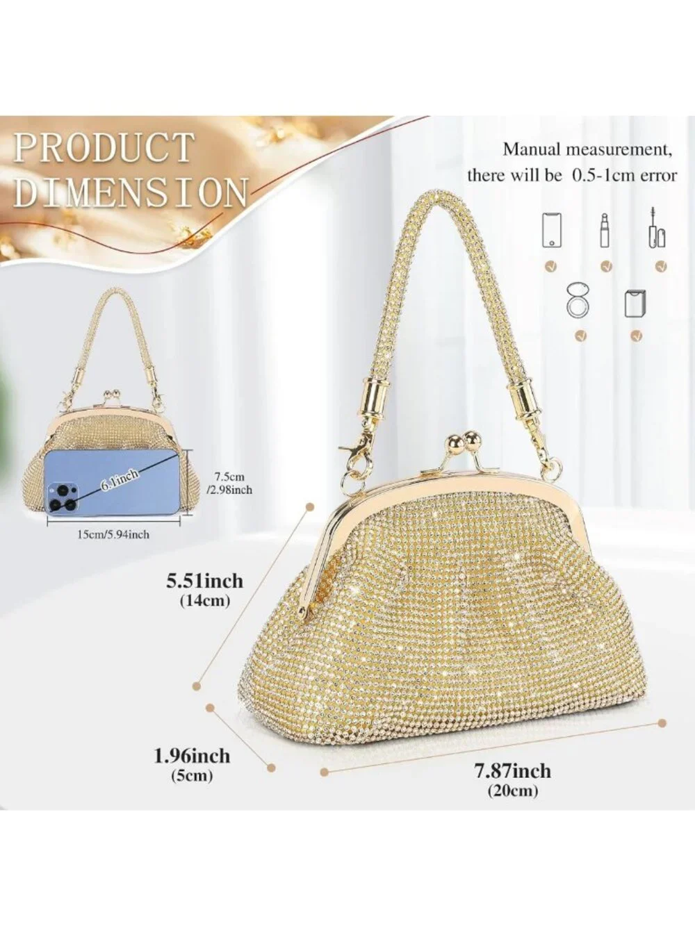 Sparkly Silver Clutch Purse for Women, Rhinestone Evening Bag for 1920s Party
